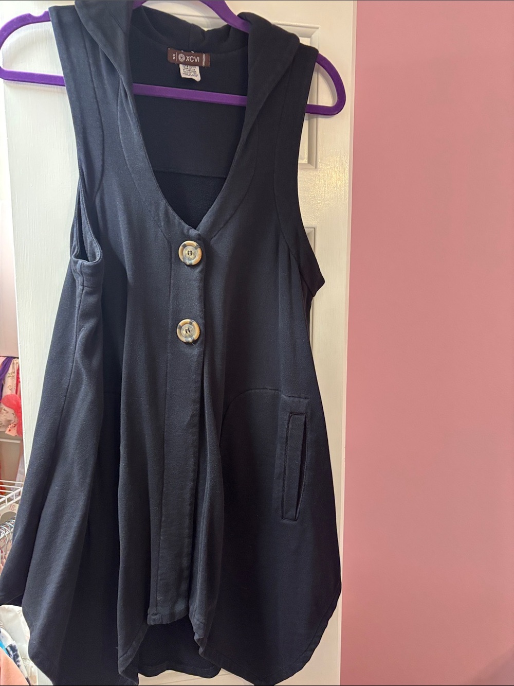 XCVI Black Sleeveless Hooded Button-Front Tunic
